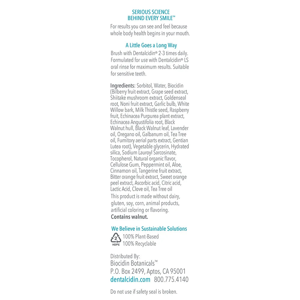 Dentalcidin Toothpaste with Biocidin by Biocidin Botanicals Supplement Facts