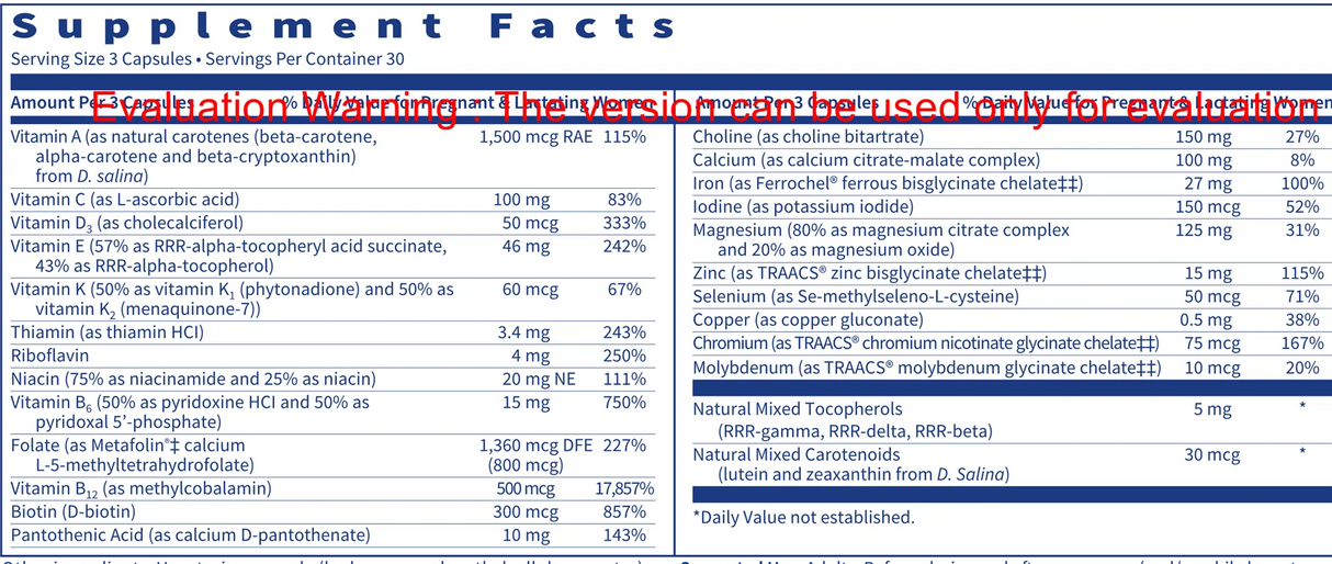 Prenatal and Nursing Formula by Klaire Labs Supplement Facts
