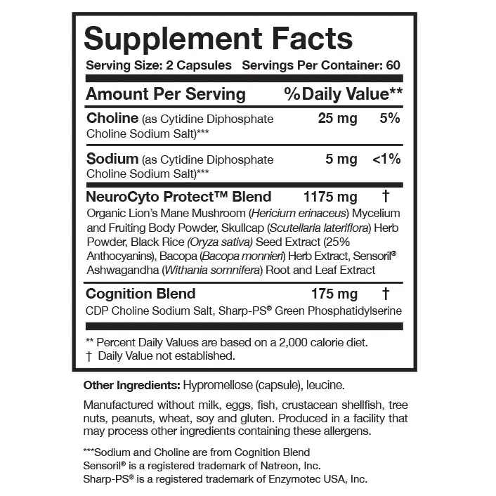 BDNF Essentials by Researched Nutritionals Supplement Facts