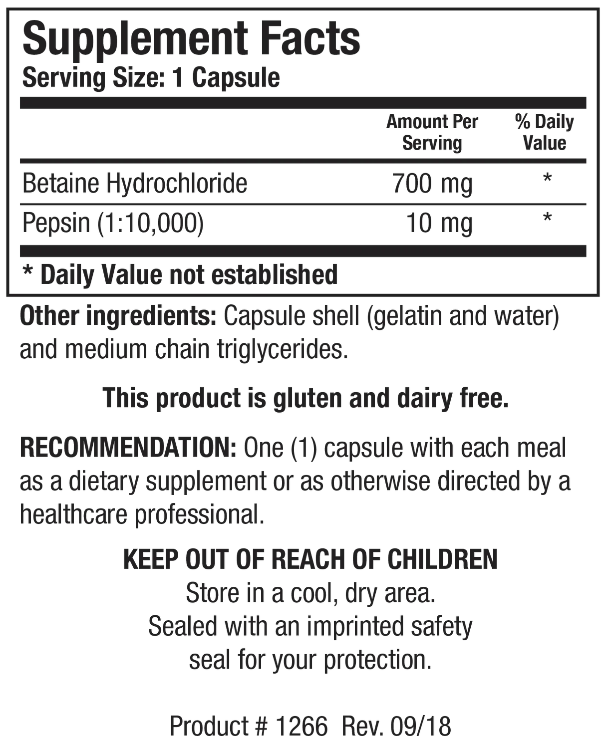 Betaine Plus HP by Biotics Research Supplement Facts