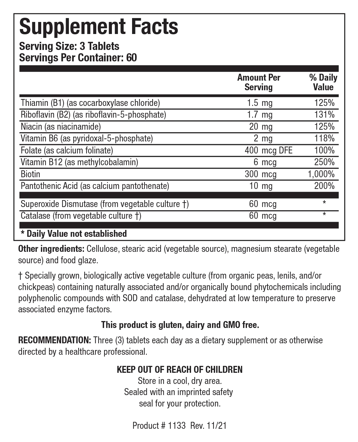Bio-B 100 by Biotics Research Supplement Facts