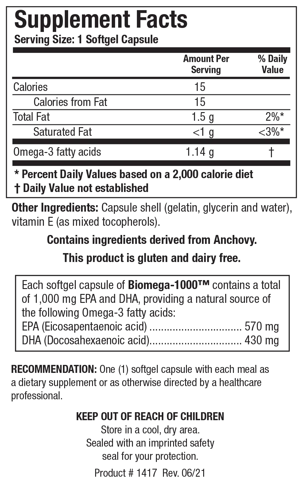 Biomega-1000 by Biotics Research Supplement Facts