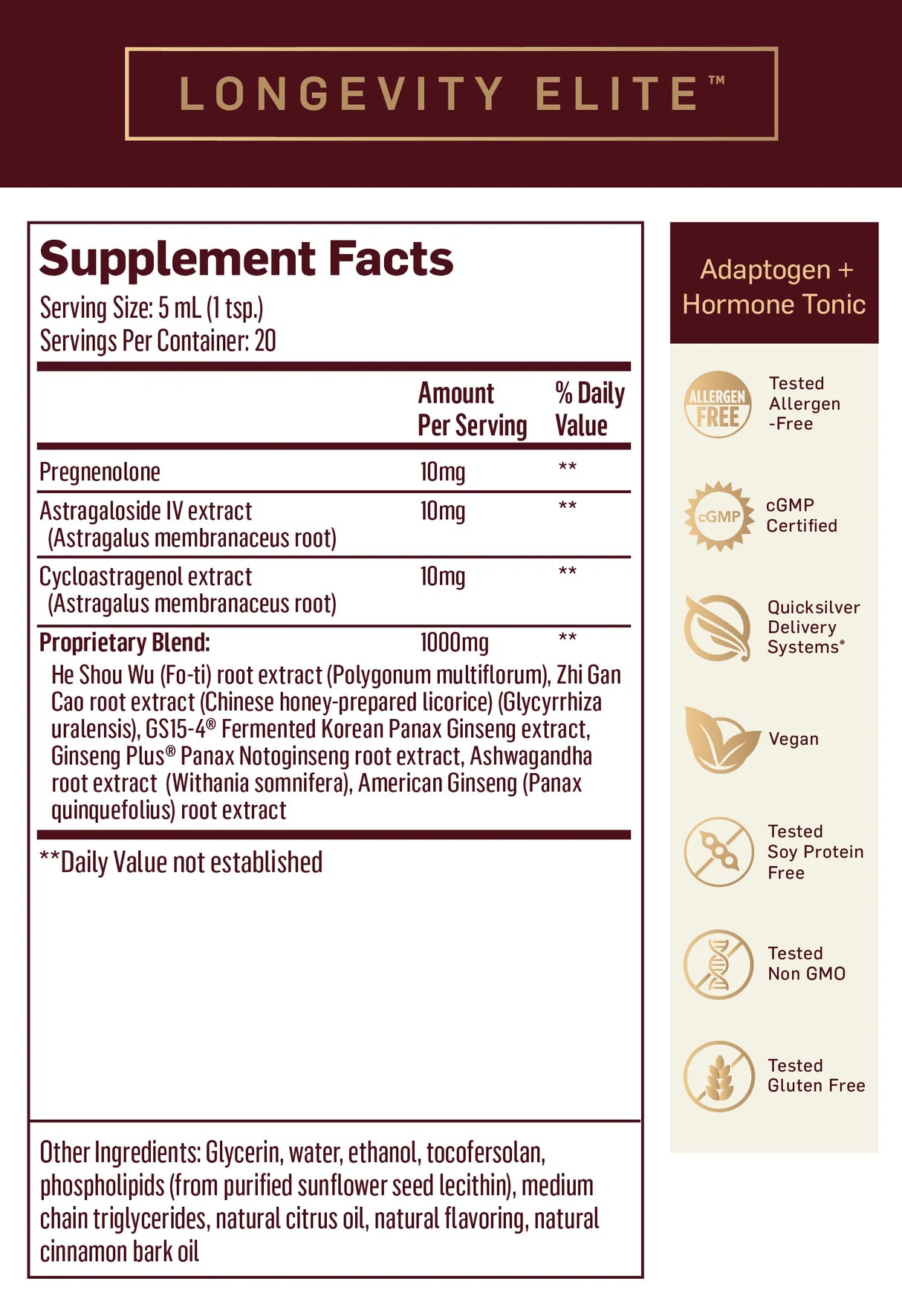 Longevity Elite by Quicksilver Scientific Supplement Facts