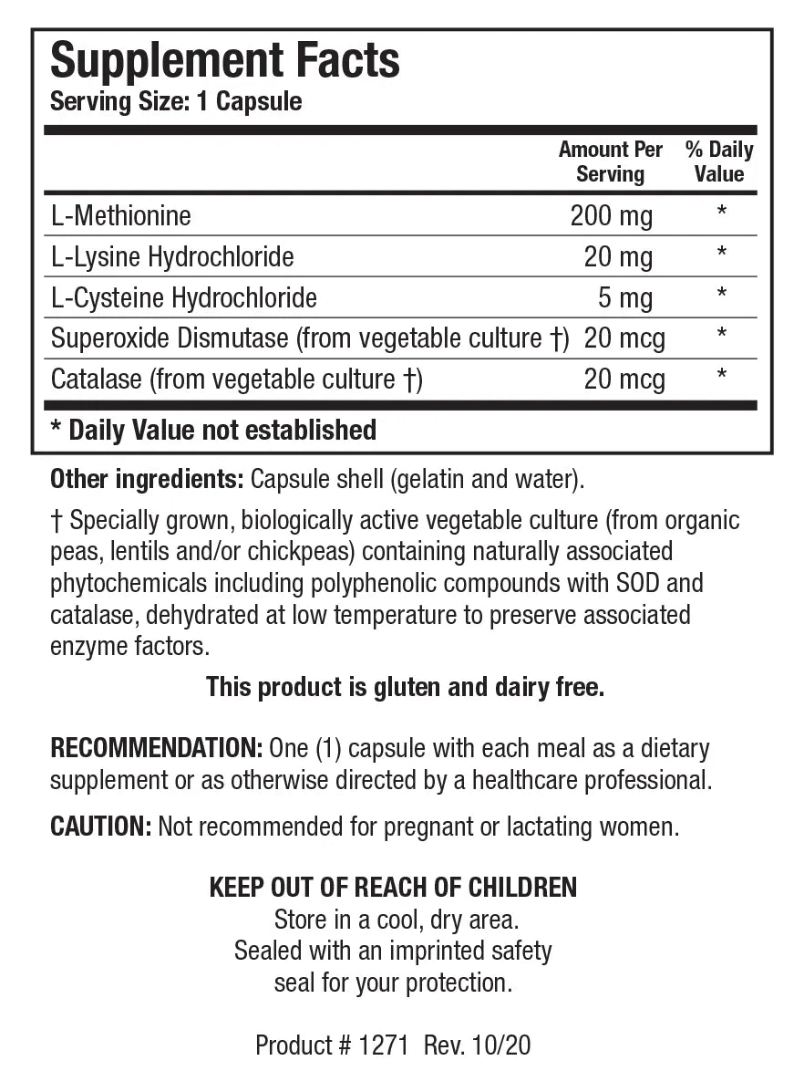 Methionine-200 by Biotics Research Supplement Facts