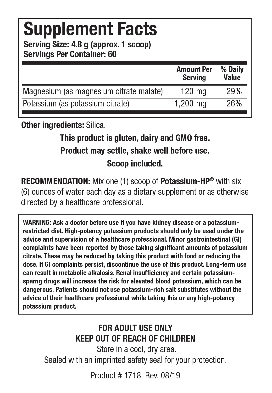 Potassium-HP with Magnesium by Biotics Research Supplement Facts
