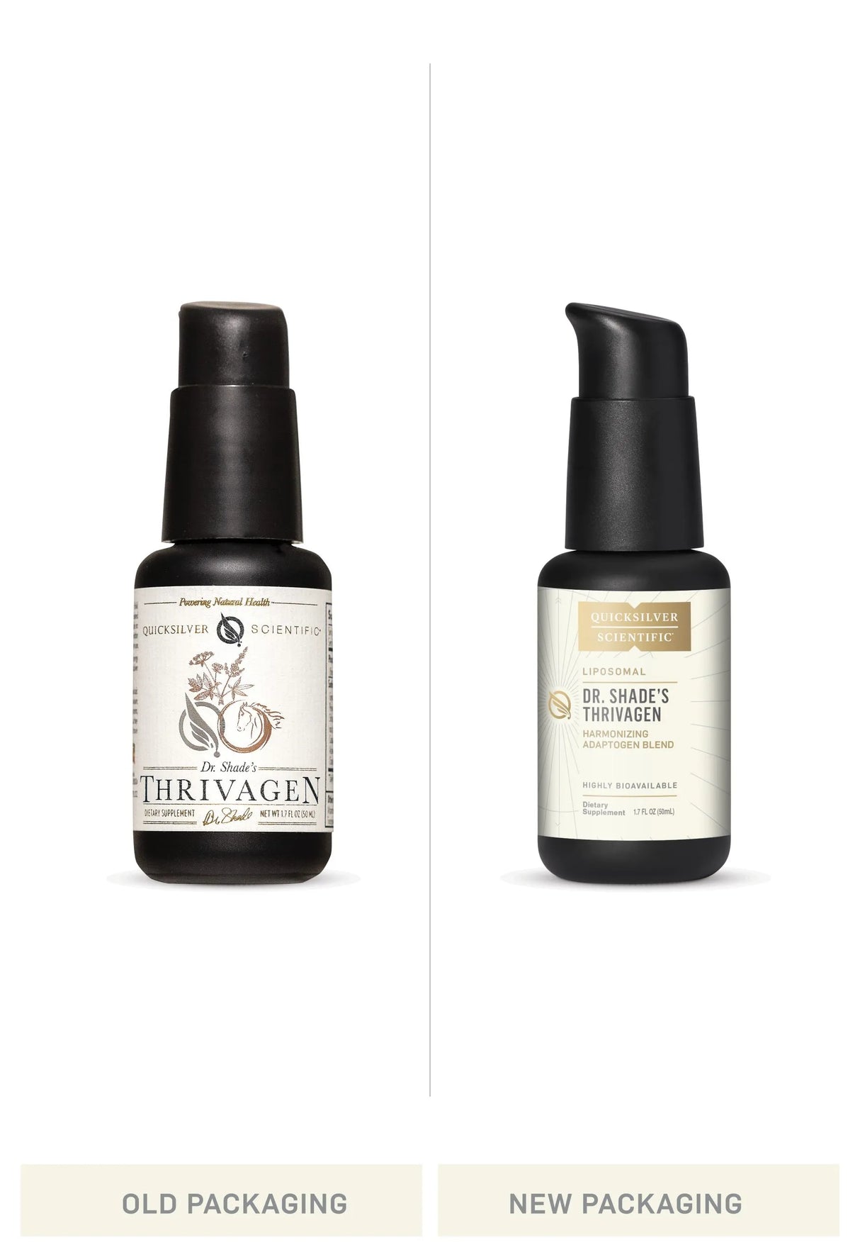 Thrivagen Liposomal Adaptogenic Elixir by Quicksilver Scientific Old vs New Bottle Comparison