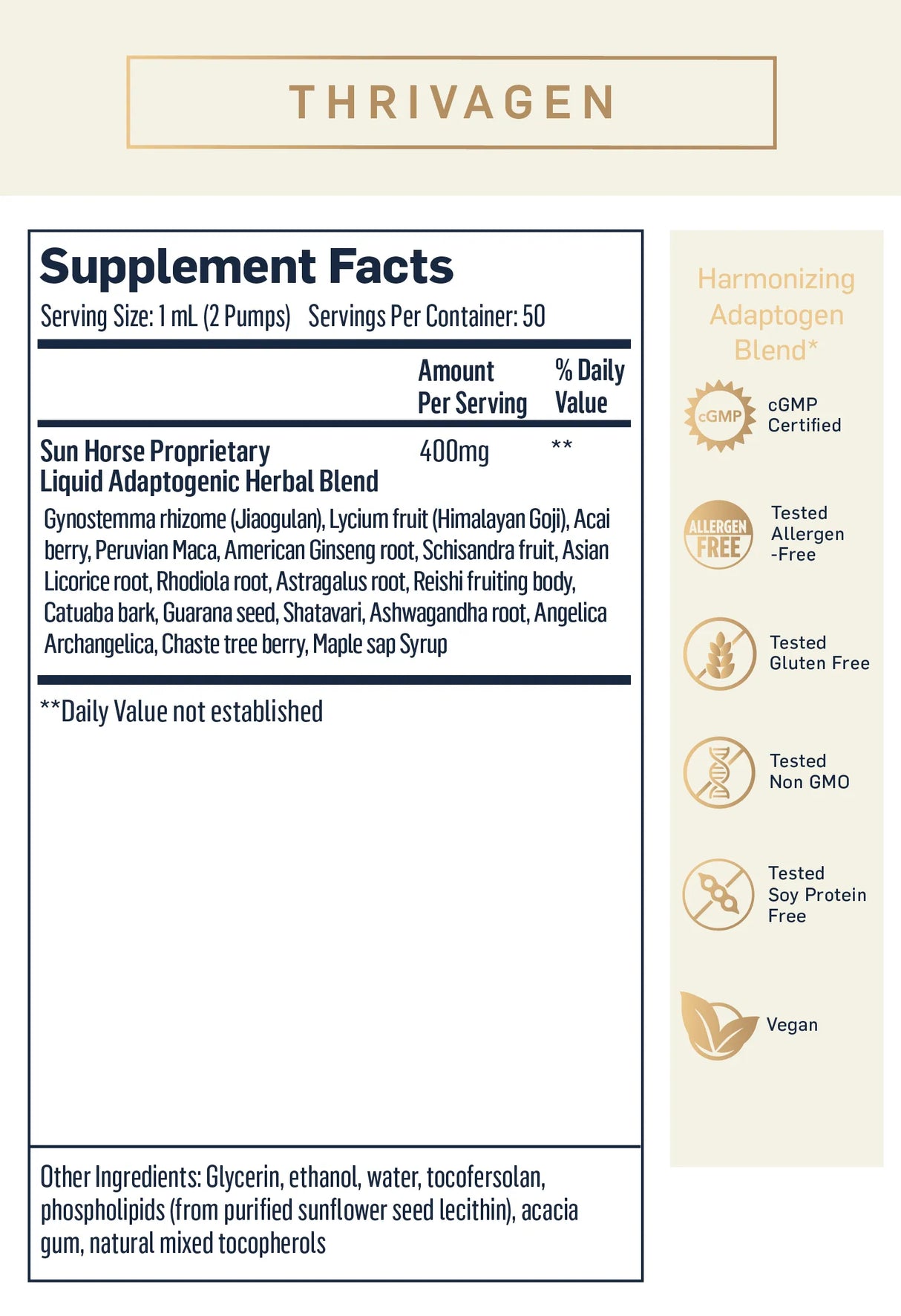 Thrivagen Liposomal Adaptogenic Elixir by Quicksilver Scientific Supplement Facts