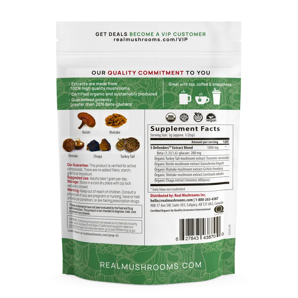 5 Defenders Mushroom Powder by Real Mushrooms Supplement Facts