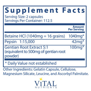 Betaine HCL with Pepsin & Gentian Root Extract by Vital Nutrients Supplement Facts
