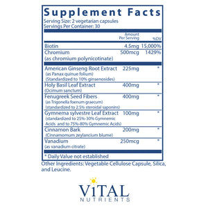 Blood Sugar Support by Vital Nutrients Supplement Facts