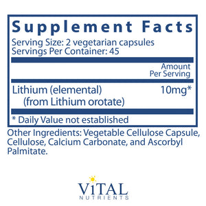 Lithium (orotate) 5mg by Vital Nutrients Label Bottle