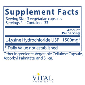 Lysine 500mg by Vital Nutrients Supplement Facts