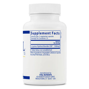 Lysine 500mg by Vital Nutrients Supplement Facts Bottle