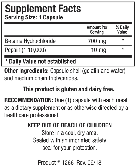 Betaine Plus HP by Biotics Research Supplement Facts