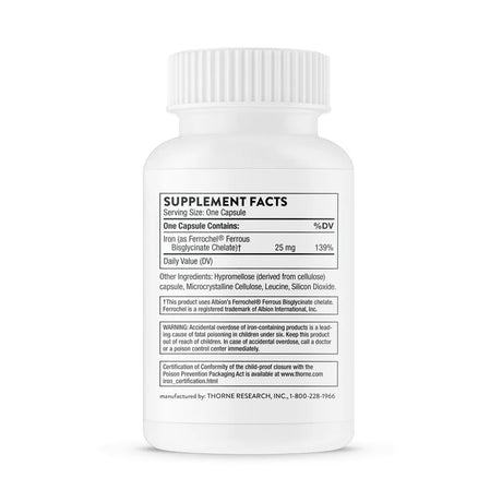 Iron Bisglycinate by Thorne Bottle Supplement Facts