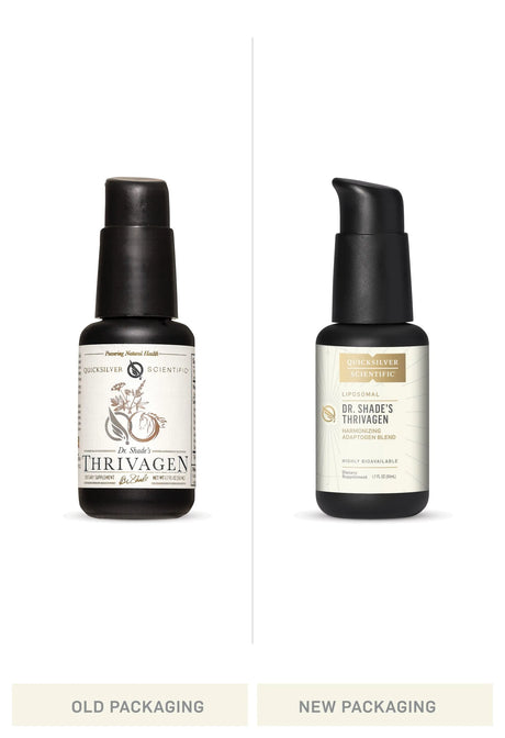 Thrivagen Liposomal Adaptogenic Elixir by Quicksilver Scientific Old vs New Bottle Comparison